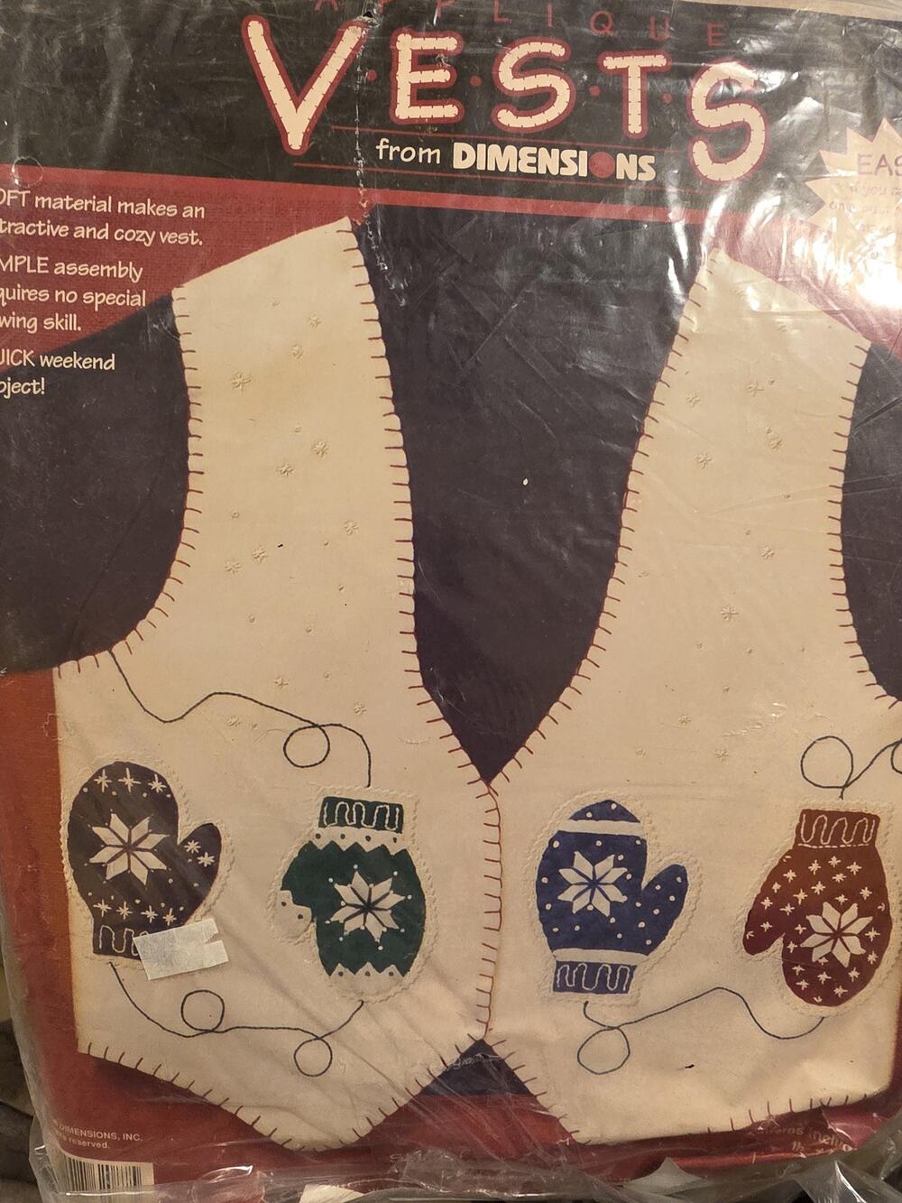 New in Packet Vests from Dimensions Fabric and Embroidery Thread Included